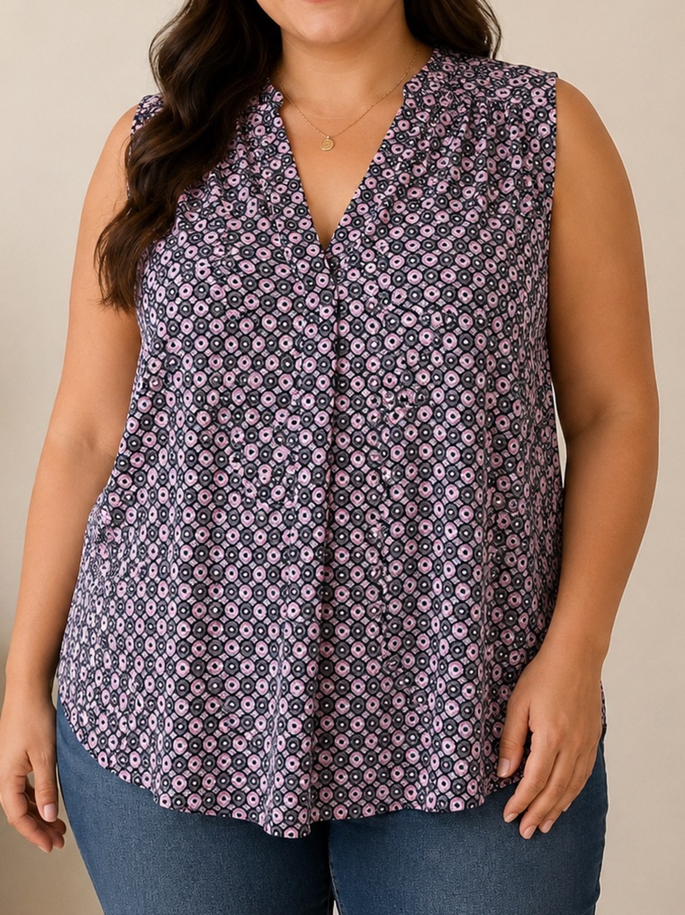 Beacon Pink and Navy Floral Sleeveless V-Neck Tank‎